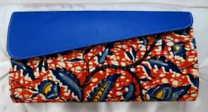 Vintage 1990's Orange & Blue Batik & Blue Leatherette Vinyl Clutch Shoulder Bag - Picture 1 of 6