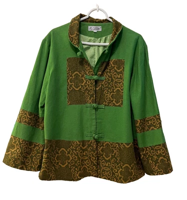 Leijie Lee Jacket 100% Cotton Green Women's Size XL Floral Trim Made In Korea - Image 1 of 4