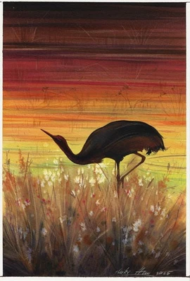 original painting 20 x 30 cm 253DM artwork watercolor modern bird&sunset - Image 1 of 4