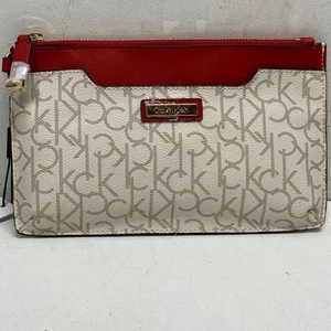 Calvin Klein CK Monogram Red White Zip Clutch Purse Logo - Picture 1 of 5