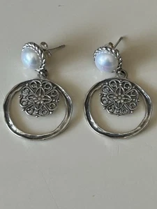Israel OR Paz Sterling 925 Silver Hammered Pearl Circle Earrings - Picture 1 of 3