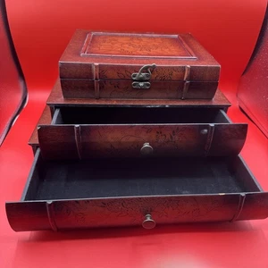 Vintage Jewelry Box Wooden Removable Drawers Mirror Desktop 14 X 8.5" Knob Hinge - Picture 1 of 11