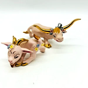 Parksmith Pink Bisque Billy Goat Longhorn Steer Figuren Set Japan - selten - Bild 1 von 17