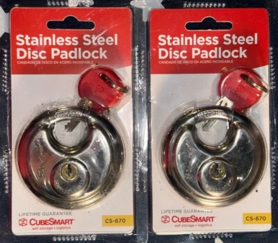 2 CubeSmart Stainless Steel 2 ¾" Disc Padlock  CS-670   2 Packs each with 2 Keys - Image 1 of 4