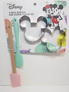 DISNEY 4 PIECE PINK AND AQUA SPATULAS AND MICKEY AND MINNIE MOUSE COOKIE CUTTERS - Picture 1 of 7