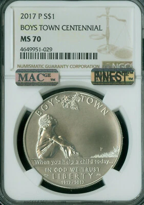 2017 P BOYS TOWN SILVER DOLLAR NGC MS 70 MAC FINEST &SPOTLESS RAREST IN SERIES. - Image 1 of 2