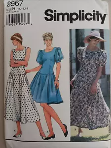 Vintage 1990s Simplicity 8967 Misses Puff Sleeve A Line Dresses Sizes 14 16 18 - Picture 1 of 2