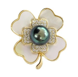 Natural 8-9mm Tahitian Black Pearl Crystal Leaves Brooches 18KGP For Women - Picture 1 of 7