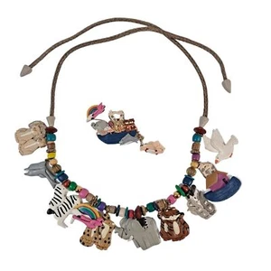 Vintage Arche Noah Perlen Ton Halskette & Anstecknadel Brosche Tiere  - Bild 1 von 14