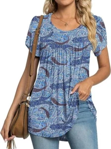 HOTGIFT Women's Short Sleeve Tunic Top Casual Crewneck Tops Pleated T-shirt-XL - Picture 1 of 4