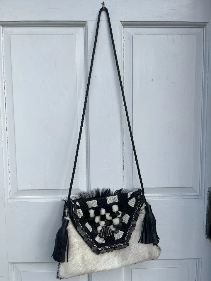 Vintage Anthropologie ibBAN Handmade Calf Hair Leather Beaded Flap Crossbody Bag - Image 1 of 4