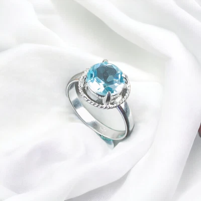 Lindo anillo de piedras preciosas naturales de topacio azul cielo para mujer de plata de ley 925 regalo Foto 1 de 4