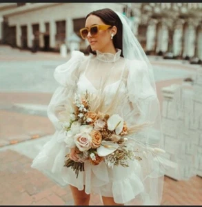 short, puffed sleeved, wedding dress. INSPIRED BY Odylyne Ceremony Mini Caspian - Picture 1 of 9