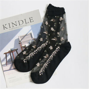 Women Transparent Thin Flower Lace Socks Crystal Silk Short Ankle Socks Summer