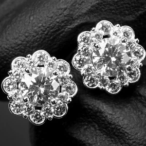 Men's Flower Set Cz Cluster 925 Sterling Silver Iced Cz Pointer Stud Earrings - Picture 1 of 5