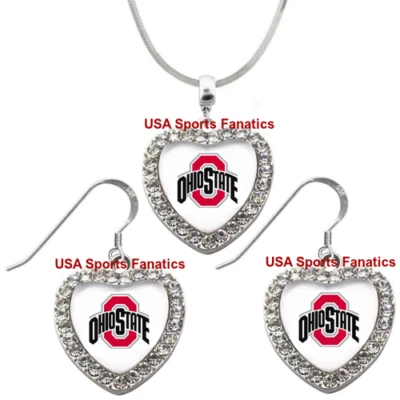 Ohio State Buckeyes 925 Collar o Pendientes o Conjunto Equipo Corazón Con Estrás Foto 1 de 4