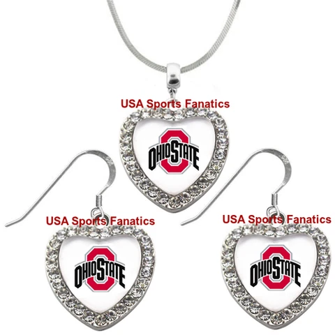 Ohio State Buckeyes 925 Necklace or Earrings or Set Team Heart With Rhinestones Cover