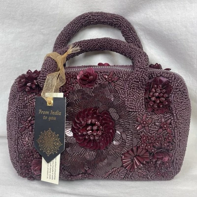 Burgundy Floral Flowers Beaded Hand Bag New With Tags From India To You - Image 1 of 4