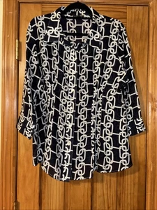 Boho Chic Cotton Silk Chain Link Print Button Up Navy White Size XL Semi Sheer - Picture 1 of 12