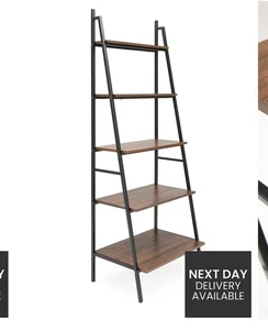5 Tier Ladder Bookcase Shelving Unit Wooden Open Shelves Display Storage Walnut - Picture 1 of 5