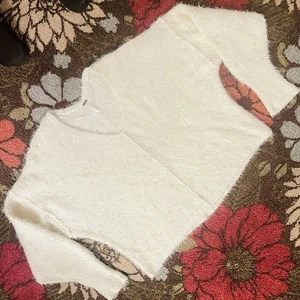 Free People Strickpullover Creme Strick V-Ausschnitt Oversized Boxy Crop Wimpern Gr. L - Bild 1 von 6