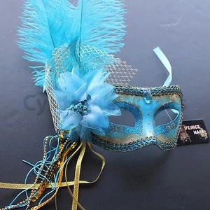 Turquoise Venetian Masquerade Mask w/Ostrich Feathers Party Prom Mardi Gras - Picture 1 of 3