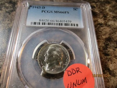 1943-D JEFFERSON NICKEL PCGS MS66FS DDR UNUM VARIETY NOT DESIGNATED ON SLAB 5459 - Image 1 of 2