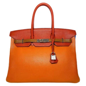 Hermes Birkin 35 Arlequin Orange Sanguine Gold Bleu Lin Clemence in Palladium - Picture 1 of 10