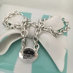 15.5" Please Return To Tiffany New York Oval Tag Choker Necklace in Silver - Picture 1 of 7