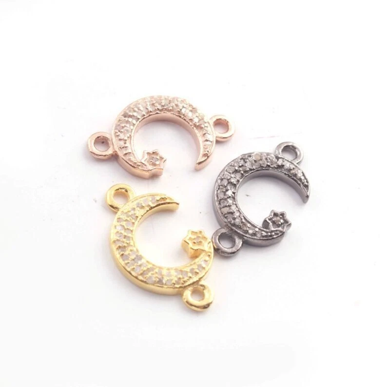 1 Pc Natural Pave Diamond Crescent Moon with Star Charm Connector 925 Sterling - Image 1 of 4