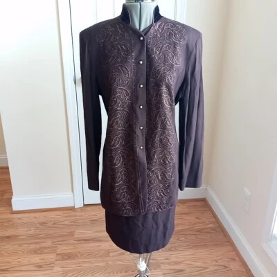 NWT: Cache Jacket And Skirt Set Womens M Brown USA Embroidery Detail Gold Button - Image 1 of 4