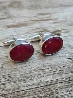 Natural Ruby Gemstones Cufflinks 925 sterling silver for Men Special Gift - Image 1 of 4