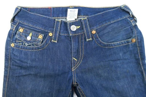 TRUE RELIGION Ricky RN# 112790 Sz 28 Distressed Hem Dark Wash Flap Made USA - Picture 1 of 12