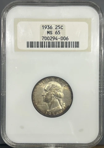 1936 NGC MS65 “Fatty” Washington Silver Quarter 25c - Old Holder PQ Cover