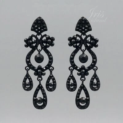 女士黑色喷射水晶水钻吊灯吊坠耳环 06950 舞会 — 第 1/4 张图片
