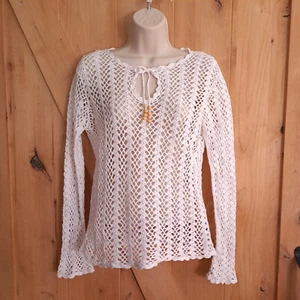 Crochet Top Beachy Bohemian Long Sleeve White Cover Up Womens Sz M St Johns Bay - Picture 1 of 9