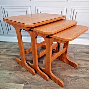 Retro Vintage Mid Century Nest Of 3 Tables - Side Coffee - Teak Effect Formica - Picture 1 of 24