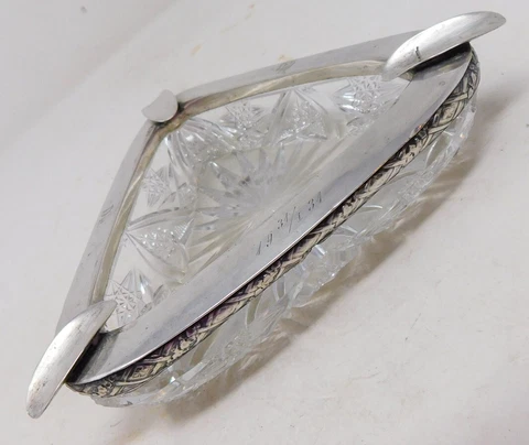 Eastern Europe Cut Crystal Ashtray w. 87.5% Solid Silver Mounts 1931 Cyrillic Cover