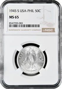 Philippines 50 centavos 1945 S, NGC MS65, "U.S. Administration (1903 - 1945)" - Picture 1 of 2