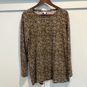 J Jill Pure Jill Pima Cotton Tee Medium Brown Long Sleeves Floral White Daisy - Picture 1 of 11