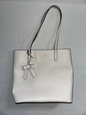 Kate Spade Brynn 托特包单肩包带蝴蝶结,羊皮纸白色,Saffiano,二手 — 第 1/4 张图片
