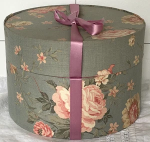 Vintage Floral Fabric Hat Box Sewing Storage Blue w/Pink Flowers 8 3/8” X 6” - Picture 1 of 7
