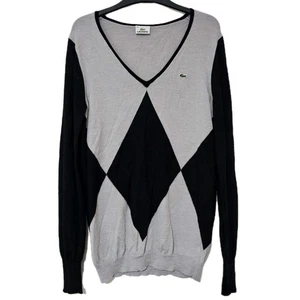 Maglione maglione LACOSTE uomo scollo a V 100% lana taglia 42/large grigio Argyle/diamante - Foto 1 di 8