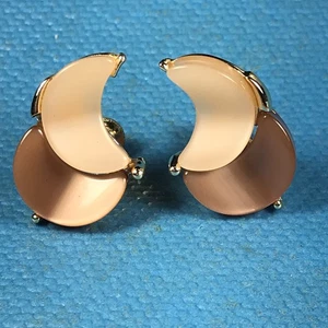 Vintage signierte Lisner braun & cremefarbene silberfarbene Ohrringe Mondglas Schraubverschluss - Bild 1 von 12