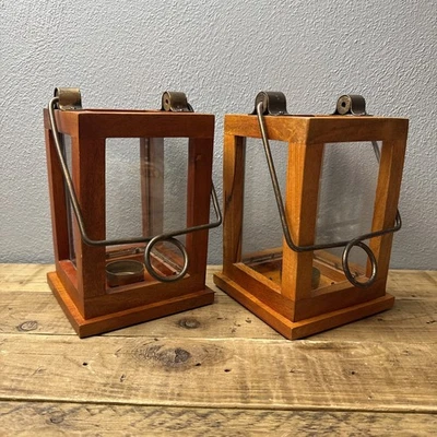 "Juego de 2 linternas de vela de madera panel lateral de vidrio mango de bucle de metal cabina rústica 8""" Foto 1 de 4