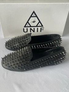 Unif Hellraisers Women’s Silver Spiked Black Fine Leather Loafers Size 9 EU 40 - Picture 1 of 8