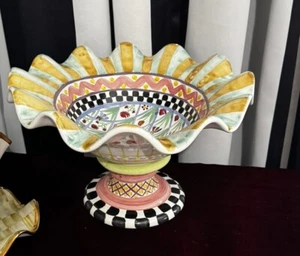 Mackenzie Childs Odd Fellows Fluted Pedestal Bowl- Ceramic- Made In aurora 2017 - Picture 1 of 5