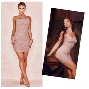 House of CB Ella Dress BodyCon Pink Ruched Sparkle Mesh Metallic Mob Wife Event - Picture 1 of 12