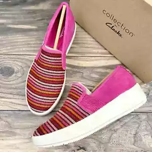 NIB Clarks Layton Petal 8.5W WIDE Slip On Comfort Sneakers fuchsia Pink - Picture 1 of 12