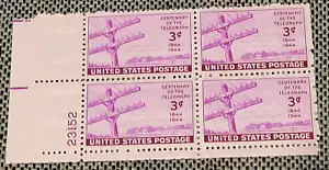 SCOTT#924 3¢ TELEGRAPH CENTENARY-BLOCK OF 4-MNH/OG-F/VF-1944-BRIGHT RED VIOLET - Picture 1 of 3